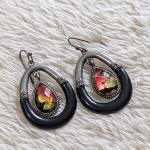 Vintage 80's Black and Silvertone Teardrop Pierced Earrings